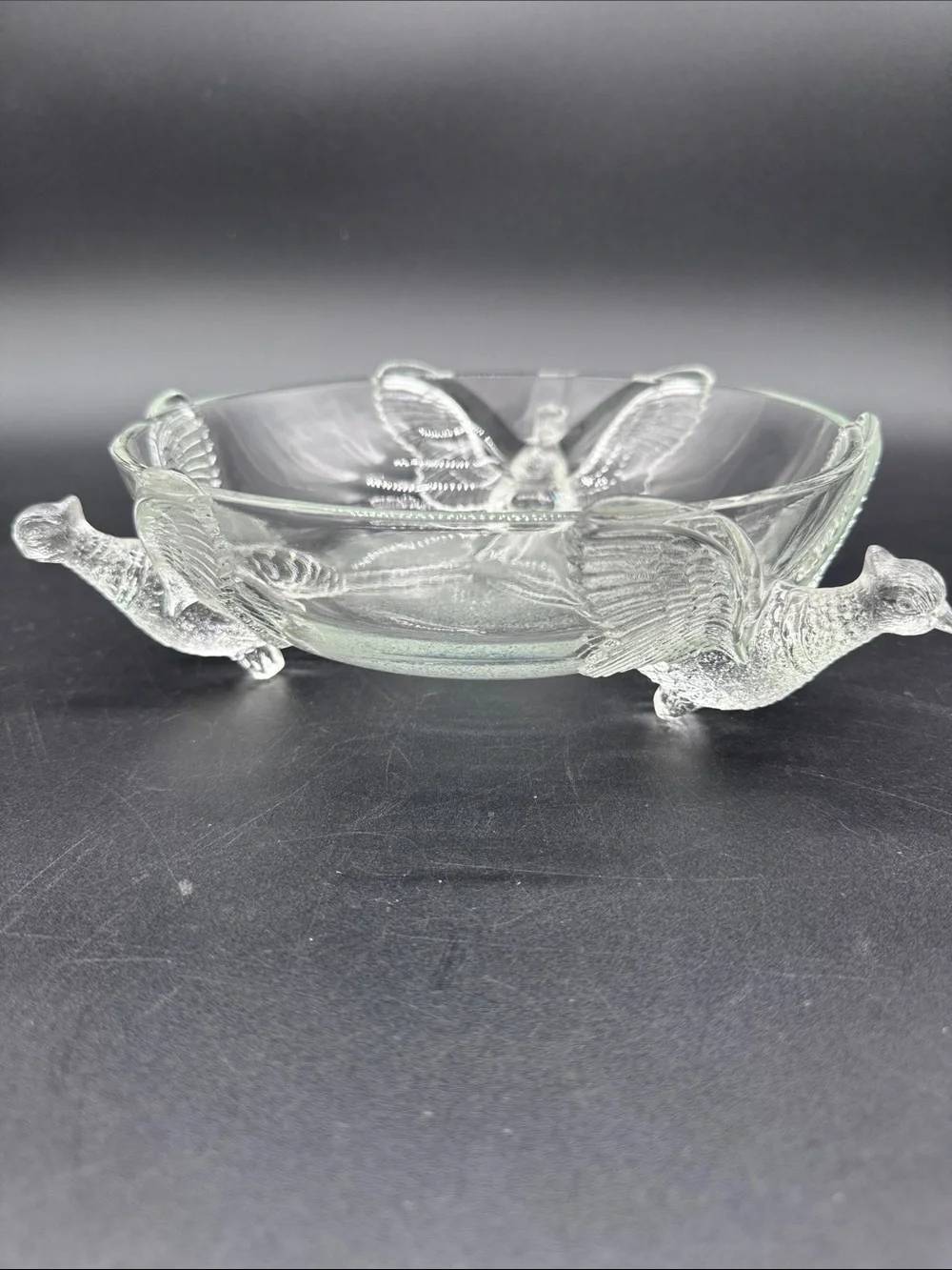 Jeanette Glass Molded Pheasants Centerpiece Clear Glassware Bowl 3-Footed